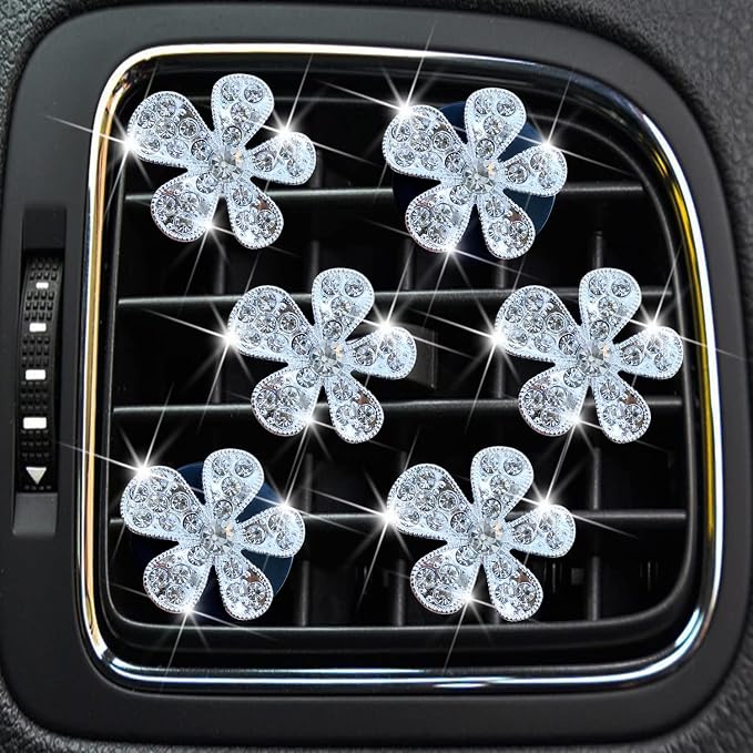 Bling Flower Air Vent Clips, 6 Pcs Cute Daisy Air Fresheners, Diffuser With Rhinestone Interior Decoration Charm, Diamond Decor Accessories for Women Girls