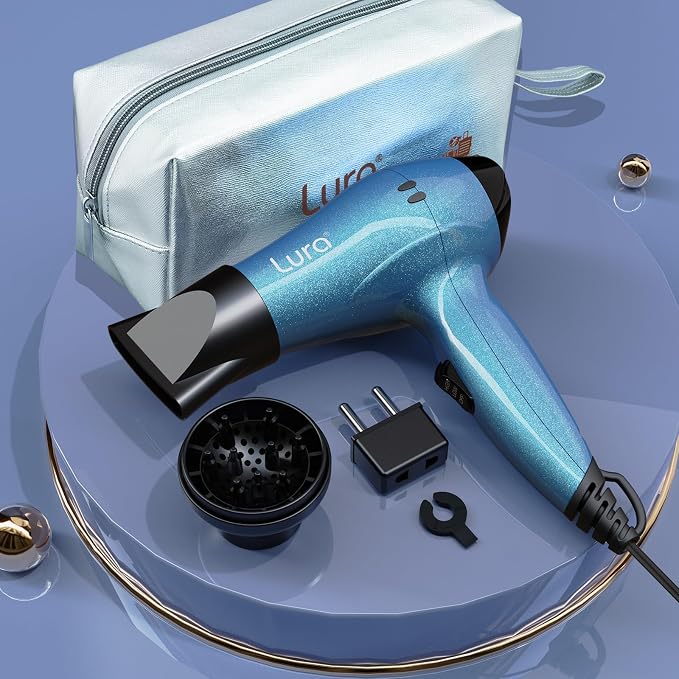LURA Travel Hair Dryer with Diffuser,Small Dual Voltage Hair Dryers for Women,Mini Portable Blow Dryer for Men,Lightweight Compact Blow Dryer with European Plug(Blue)