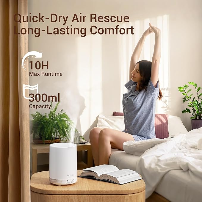 ASAKUKI Essential Oil Diffuser for Home, 300 ml Humidifier with Automatic Shut-Off, Quiet Aromatherapy Diffuser with 7 LED Lights for Living Room, Kitchen, Bedroom, Hotel - White Wood