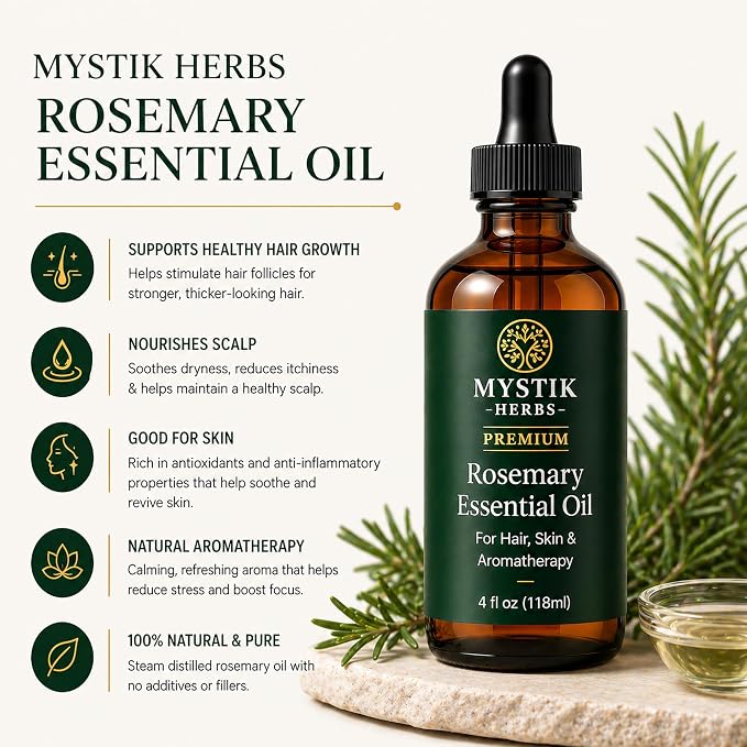 Premium Rosemary Essential Oil for Hair & Scalp, 100% Pure Undiluted Rosemary Oil for Hair Care, Skin & Aromatherapy, 4 fl oz (118ml)