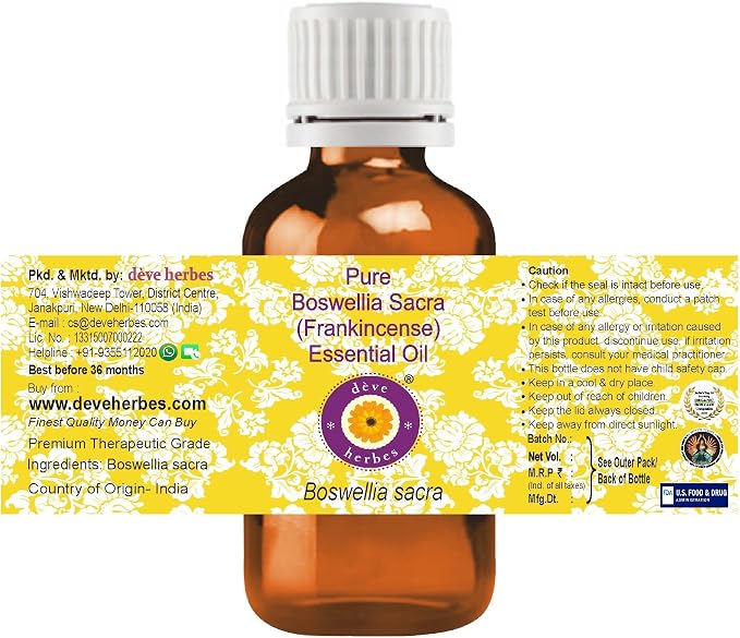 Deve Herbes Pure Boswellia Sacra (Frankincense) Essential Oil (Boswellia Sacra) Steam Distilled 100ml (3.38 oz)