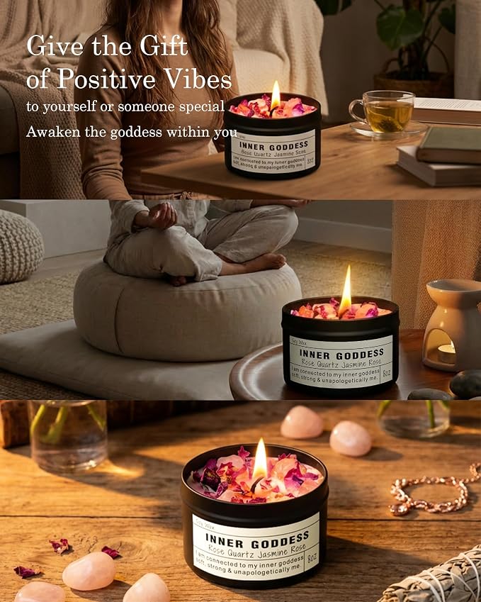 Inner Goddess, Candle Gift with Rose Quartz Crystal Floral Scented, Soy Wax Candle for Self-Care and Feminine Energy.