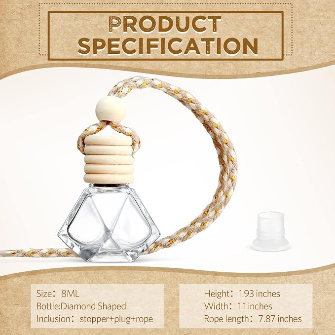 BBTO 50 Pcs Hanging Car Air Freshener Car Diffuser Bottles Empty Glass Perfume Bottle Freshener Diffuser Bottle Pendant for Essential Oil Fragrance Aromatherapy Ornament(Rhombus)