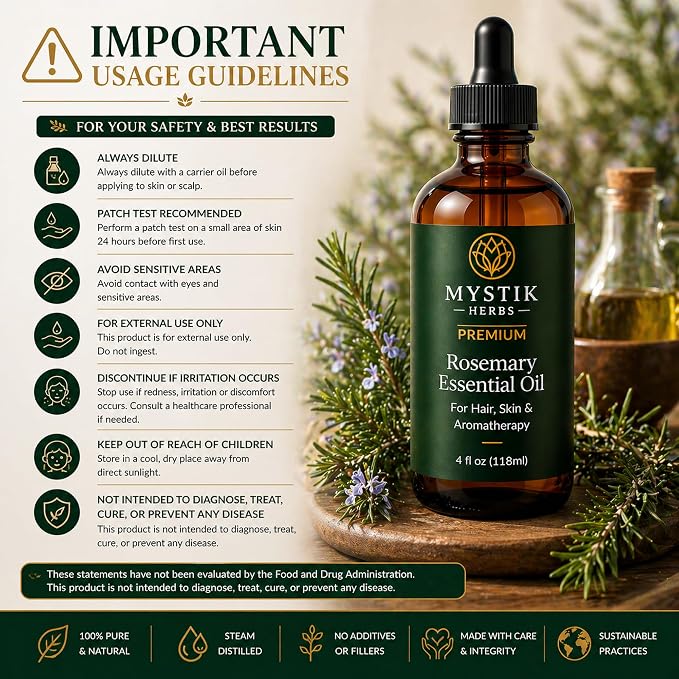 Premium Rosemary Essential Oil for Hair & Scalp, 100% Pure Undiluted Rosemary Oil for Hair Care, Skin & Aromatherapy, 4 fl oz (118ml)