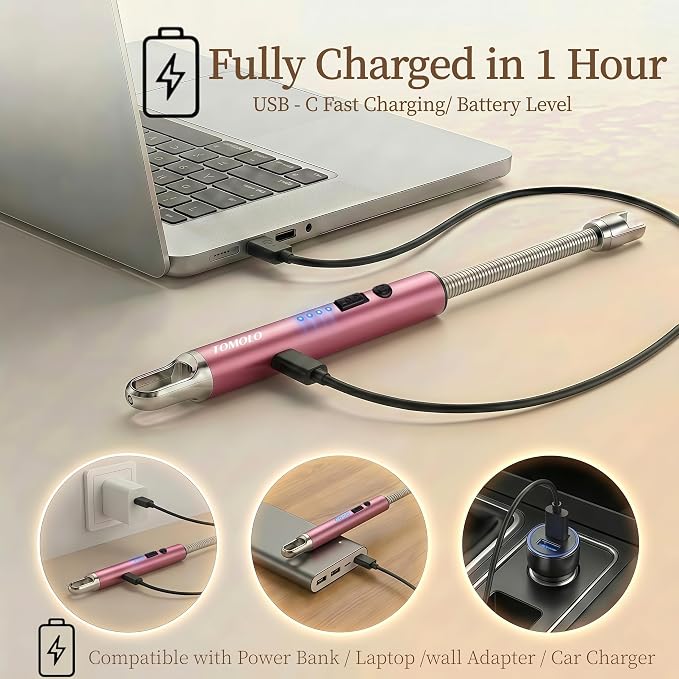 TOMOLO Electric Candle Lighter, Long Flexible Neck Lighter with Safety Switch, Windproof Plasma Flameless USB Rechargeable Lighters for Candles, Grill, Camping & Gas Stove, 2-Pack (Black & Rose Gold)