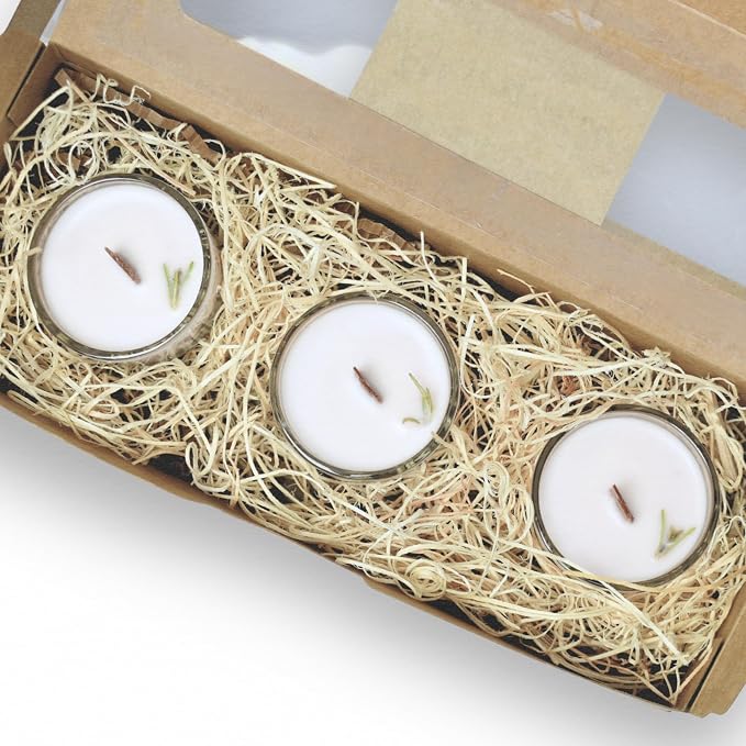 Rosemary Scented Essential Oil Tealight Candle Gift Set of 3, Hand Crafted Soy Wax Candles Wooden Wick Dried Flowers, 12 Hour Burn Time, Natural Aromatherapy Glass Cup Tea Lights by Lathered Artisan