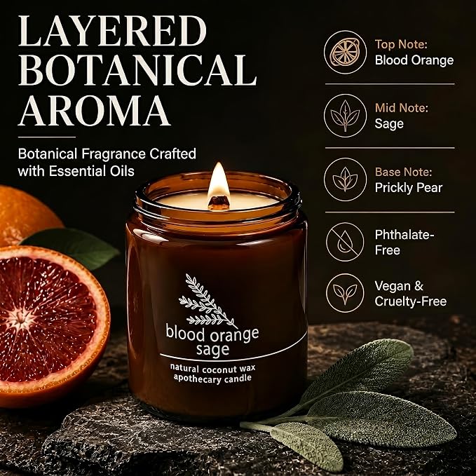 Hemlock Park Blood Orange Sage Apothecary Scented Candle | Crackling Wood Wick, Botanical Fragrance & Coconut Apricot Wax | Up to 60 Hour Burn Time | 8 oz | Made in USA