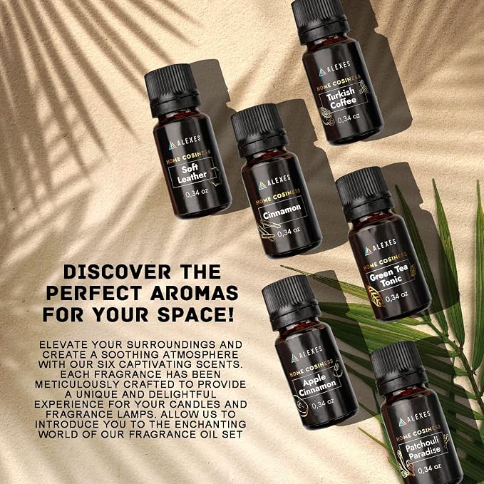Scented Oil Gift Set - Proffesional Fragrance Oils 6 Pack 10ml - Apple Cinnamon, Turkish Coffee, Patchouli Paradise, Soft Leather, Cinnamon, Green Tea Tonic