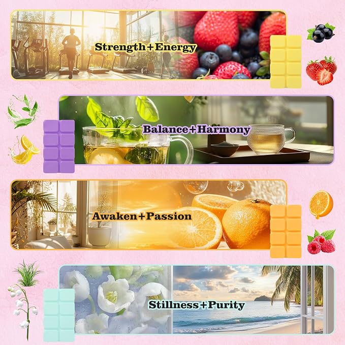 SCENTORINI Wax Melts, Wax Cubes Strong Scent for Healing Relax, Summer Scented Wax Melts for Warmer - Lemon Green Tea/Strawberry Blackcurrant/Raspberry Orange/Ocean Grass Bellflower, 2.5 oz 4-Pack