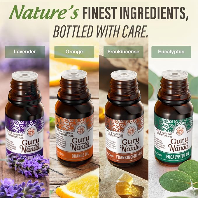 GuruNanda Essential Oils Set (Pack of 4 x 0.5 Fl Oz) - Pure, Natural Frankincense, Lavender, Eucalyptus & Orange Aromatherapy Oils for Diffusers, DIY & Home Use