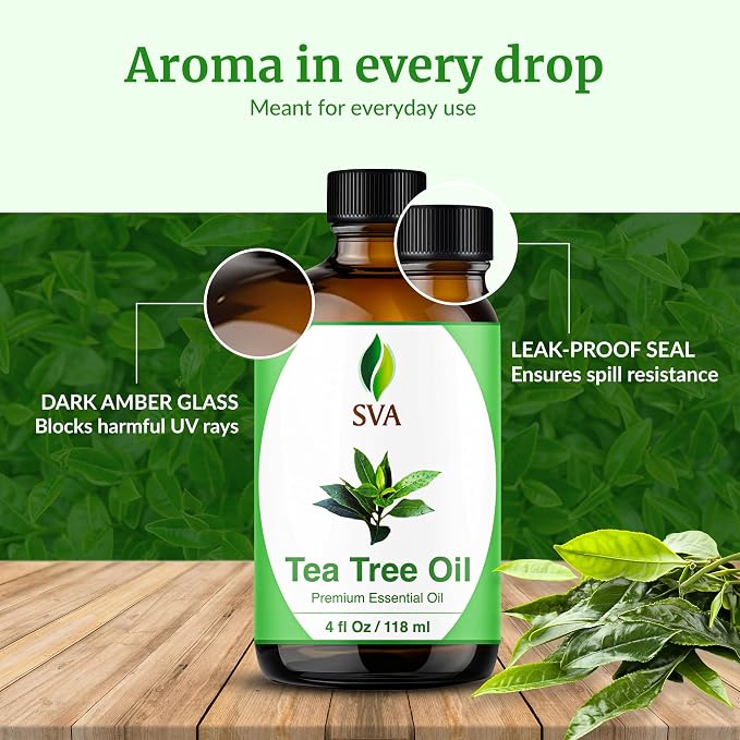 SVA Tea Tree Essential Oil 4 Fl Oz – for Diffuser, Skin & Hair Care – Ideal for Massage & DIY Blends – with Dropper