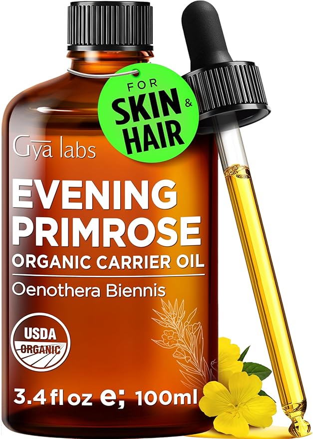Gya Labs USDA Organic Evening Primrose Oil - 3.4 Fl Oz - Carrier Oil for Hair, Skin, Face, Scalp & Body Massage