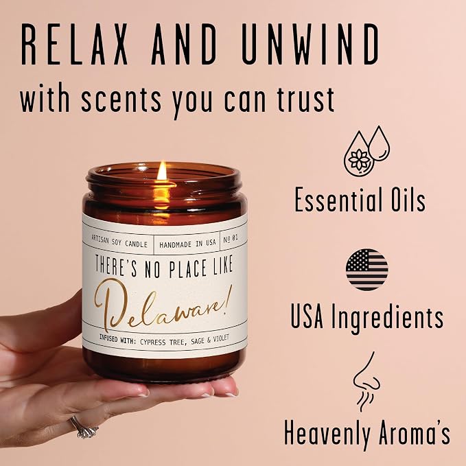 Delaware Gifts, Delaware Decor for Home - 'There's No Place Like Delaware Candle, w/Cypress, Sage & Citrus I Delaware Souvenirs I Delaware State Gifts I 9oz Jar, 50Hr Burn, USA Made