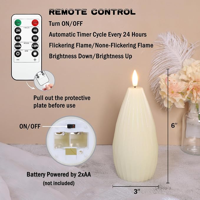 Ivory White Ribbed Flameless Candles Battery Operated with Remote Geometric Aesthetic Stripe Flickering Realistic LED Real Wax Candle Vintage Home Decor for Christmas Table Fireplace Mantel, 3 Pack