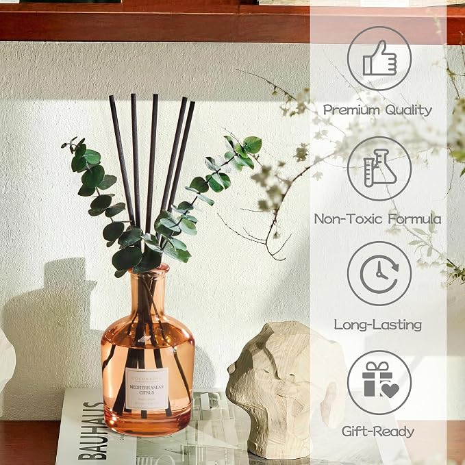 COCORRÍNA Mediterranean Citrus Reed Diffuser – 6.76 oz Essential Oil with 8 Reeds & Real Eucalyptus Sticks, Home Fragrance for Bedroom or Bathroom Décor
