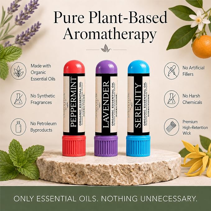 Stress Relief, Migraine & Sleep Aid Essential Oil Aromatherapy Nasal Stick Inhaler - Self Care Gifts 3-Pack, Peppermint Lavender Citrus, Made with Organic Essential Oils