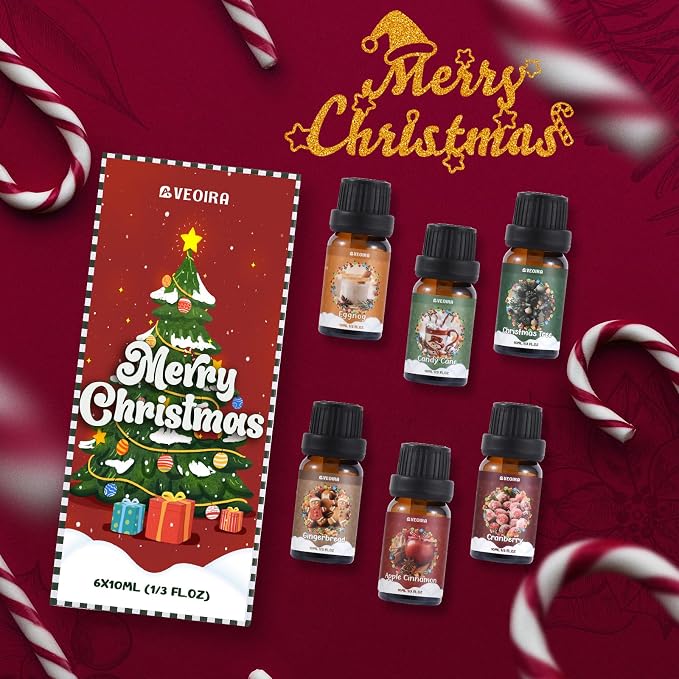 Christmas Essential Oils Gift Set, AVEOIRA Winter Fragrance Oil for Diffuser, Candle, Soap Making, Christmas Tree, Apple Cinnamon, Candy Cane, Gingerbread, Cranberry, Eggnog, Scented Oils, 6x10ml