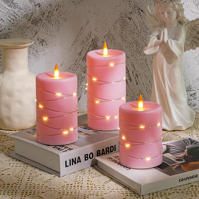 Rose Pink Flameless Candles with String Lights Battery Operated Flickering LED Pillar Candles with Remote Control Timer, Set of 3 for Living Room, Table Décor, Christmas Weddings