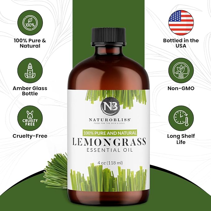 NaturoBliss 100% Pure Lemongrass Essential Oil Therapeutic Grade Premium Quality (4 fl. oz) with Glass Dropper, Perfect for Aromatherapy
