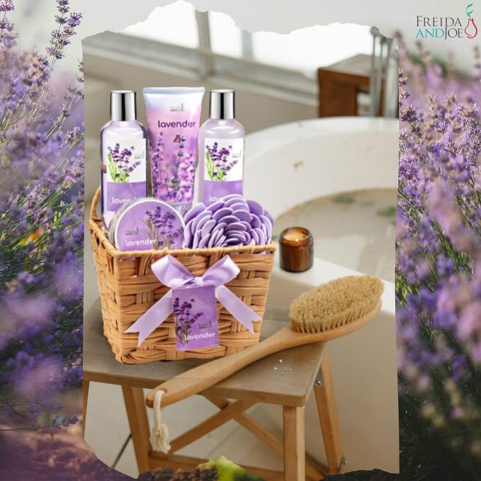Lavender Bath and Body Gift Set in a Wicker Basket Calm & Relaxing Lavender Spa Gift Set for Women – Perfect Self-Care Gift for Valentiness, Birthdays & Special Occasions Valentines Gift