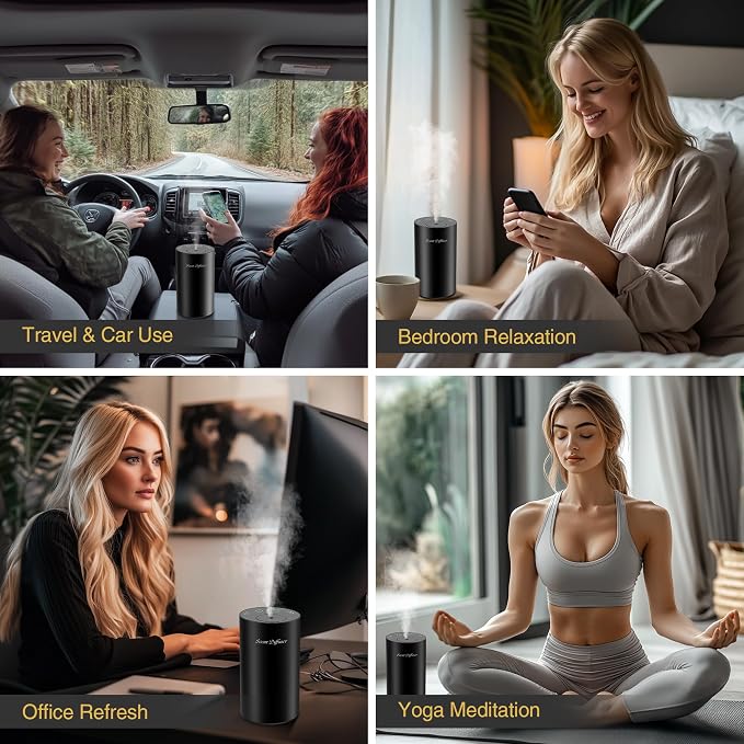 Waterless Essential Oil Diffuser Starter Kit - No Water Needed, Battery Operated Mini Scent Air Machine, Included 3x20ML Essential Oils, Portable Aromatherapy Diffuser for Home & Car, Black, 2Pack