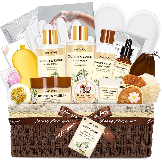 22PCS Spa Gift Baskets for Women, Luxury Bath and Body Gift Basket Set for Women Coconut Vanilla Spa Kit Relaxing Spa Self Care Gift for Her Wife Lover Mom Sister