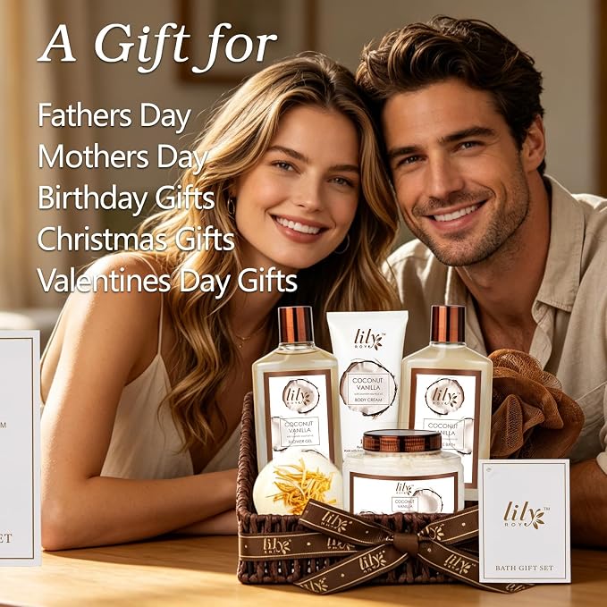 Coconut Vanilla Spa Gifts Bath Kit, 7Pcs Moisturizing Gift Set for Women Men