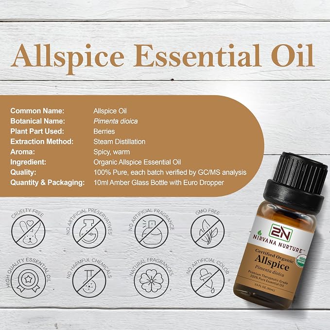 Allspice Essential Oil, USDA Certified Organic, 100% Pure Undiluted, Aromatherapy Oil for Diffuser, Hair & Skin Care