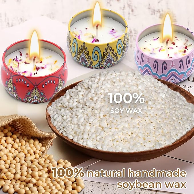 Scented Candles Gift Set for Women 4 Pack Soy Wax Candles with Dried Flowers Reusable Tin Aromatherapy Relaxation Gift for Birthday Mothers Day Valentines Day