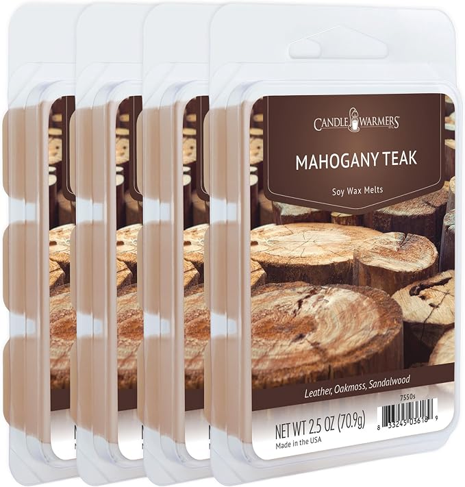 Candle Warmers Etc Classic Wax Melts 2.5oz, Mahogany Teak Fragrance (4-Pack) – Each Pack has x4 2.5 oz Wax Melts and 30 Hours of Fragrance – Perfect for bedrooms, Living Rooms, and bathrooms