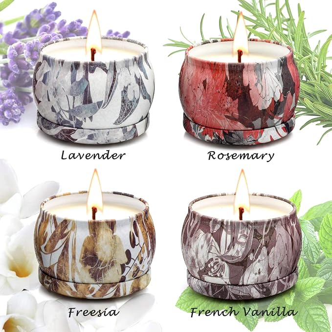 Scented Candles Gift Set, Aromatherapy Candles for Home Scented, 4.4 Oz Pack of 4 Tin Long Lasting Soy Candle, Birthday Gifts for Women Mom Bath Spa Meditation Bathroom Gift