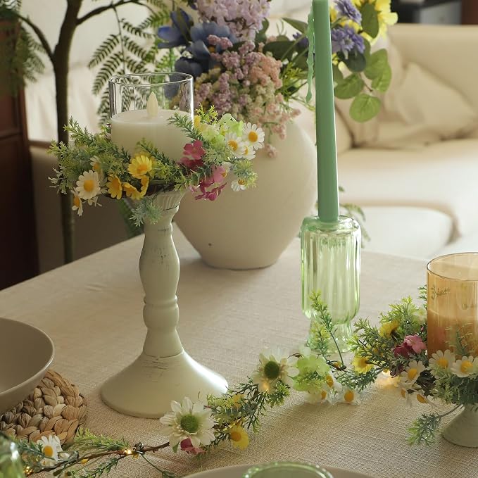 Daisy Candle Ring 2 Pcs 3'' (Inner) 6'' (Outer) Diameter Floral Spring Wreath with Artificial Daisy - Ideal Easter Candle Holders Easter Centerpieces for Tables