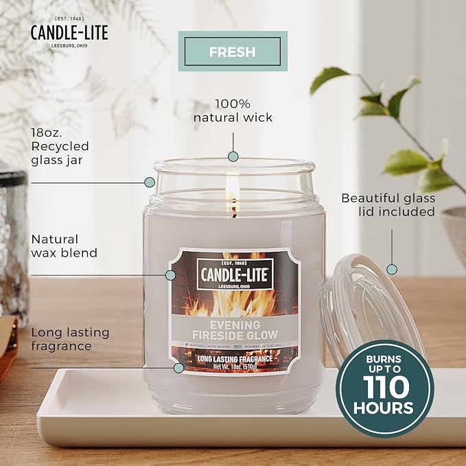 Candle-lite Fall Scented Candles, Evening Fireside Glow, 18 oz Jar, Proudly Poured in The USA, Aromatherapy Candle, Single-Wick with 110 Hours of Burn Time, Perfect for Creating a Refreshing Ambiance