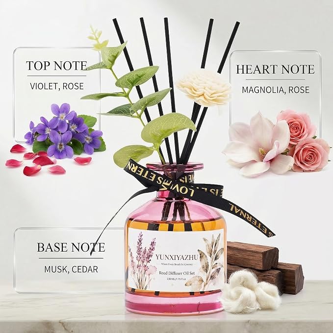 Reed Diffuser, Rose, 7.78 fl oz, Oil-Based Alcohol-Free Flameless Fragrance for Home Decor