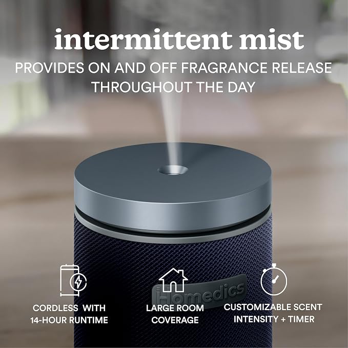 Homedics SereneScent Waterless Essential Oil Diffuser, Cordless Rechargeable Aromatherapy Diffuser for Home, Large Room Scent Machine, Timer, App Control, 6 LED Lights, No Water Needed, Future Dusk