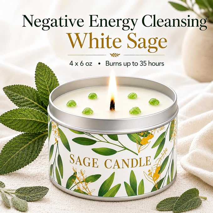 Sage Candles Gift Set, 4 Pack Natural Soy Wax White Sage Smudge Kit with Healing Crystals, House Cleansing & Negative Energy, Spiritual Meditation & Aromatherapy, Housewarming Birthday Self Care Gifts