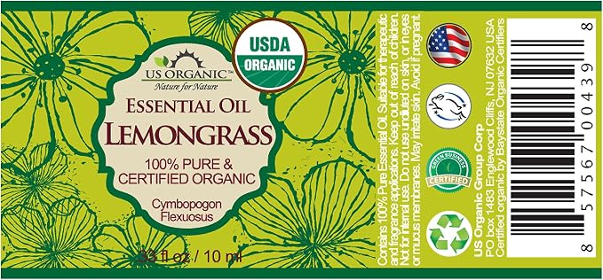 US Organic 100% Pure Lemongrass Essential Oil, USDA Certified Organic, Undiluted, Therapeutic Grade, Steam Distilled, for Aromatherapy, Freshening, and DIY Personal Care (10ml, Pack of 2)