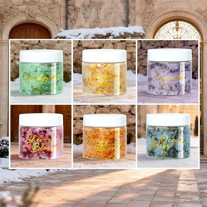 Gifts for Women & Men, Birthday Gifts - 9-Piece Floral Epsom Salt Gift Set for Women with 6 x 120g Epsom Salt, Bath and Body Gift Set in Elegant Box | Christmas, Mothers Day, Valentines Day for Her