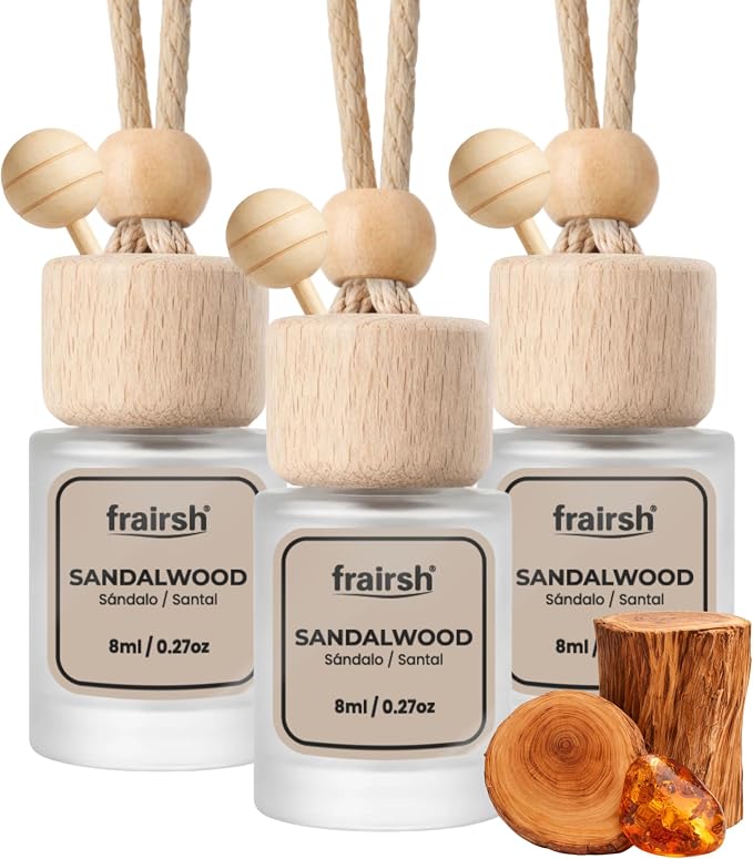 Hanging Car Air Freshener 3 Count, 8 ml Each, Sandalwood Scent, Natural Odor Eliminator Essential Oil Diffuser, Gentle Soft Elegant Non-Overpowering Fragrance