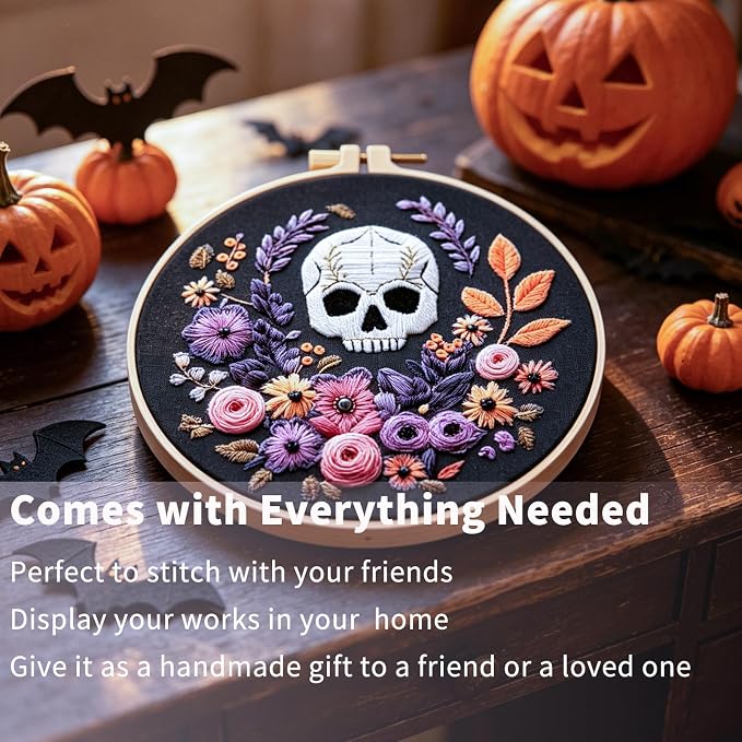 FONNUY Halloween Embroidery Kits for Beginners,Skull Pumpkin Spider Web Floral Stamped Cross Stitch Kit for Adults, Spooky Season Boho Wall Decor, 8'' Hoop (Skull 3)