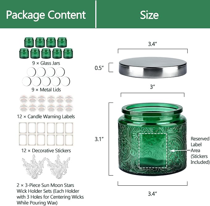 10 oz Green Sun Moon Stars Candle Jars with Metal Lids, 9 Pack | Patented Embossed Design, Includes Wick Centering Devices & Warning Labels, Multiple Color Options