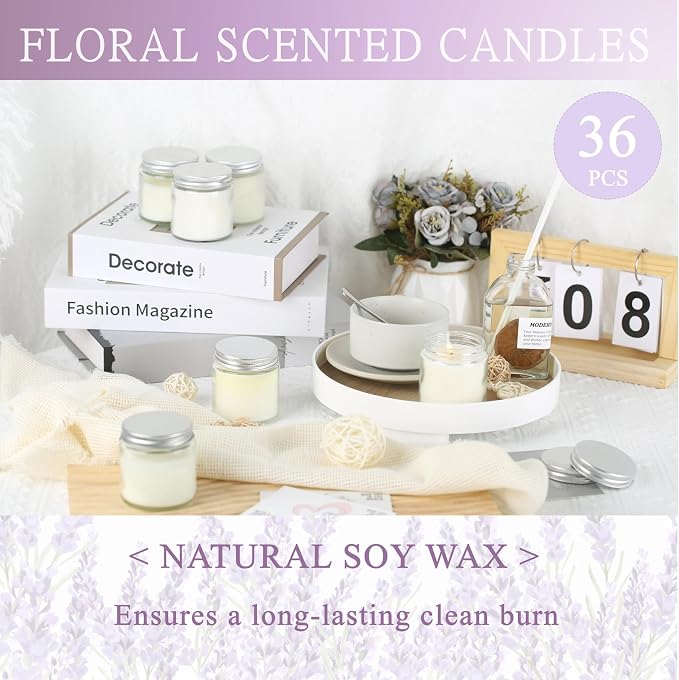 36 Pcs 4 Oz Mason Jar Candles, Lavender Scented Soy Candles Bulk Set for Stress Relief and Relaxation, Great Favors for Wedding, Christmas, Housewarming Gifts (Silver, Lavender, 36)
