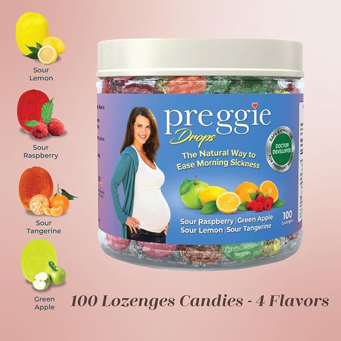 Preggie Drops Pregnancy Nausea Lozenges with Essential Oils & Fruit Extracts, Morning Queasiness Lozenges for Pregnant Women, Natural Sour Drops Variety Pack, 100 Count