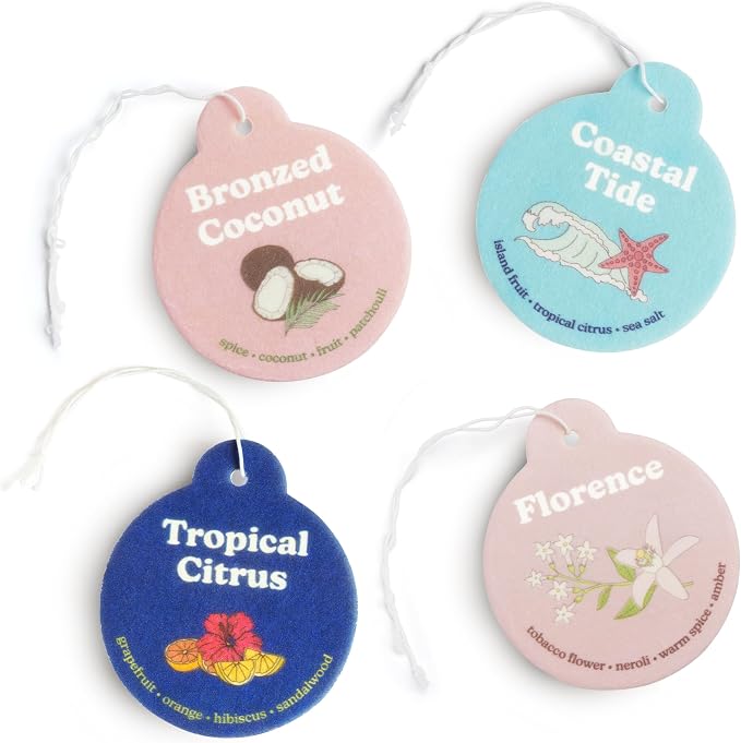 Happy Wax Summer Mix Car Charms 4-Pack Included Scents: Coastal Tide, Bronzed Coconut, Tropical Citrus, Florence