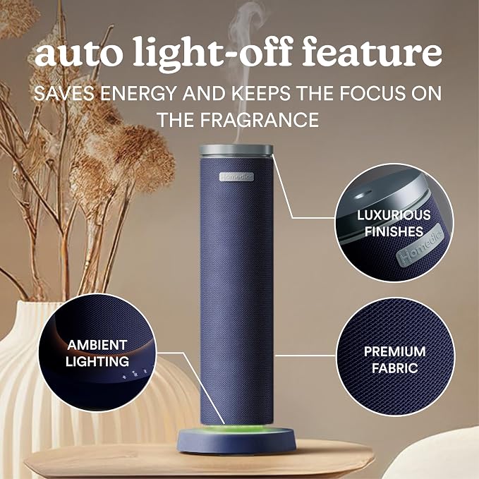 Homedics SereneScent Waterless Essential Oil Diffuser, Cordless Rechargeable Aromatherapy Diffuser for Home, Large Room Scent Machine, Timer, App Control, 6 LED Lights, No Water Needed, Future Dusk