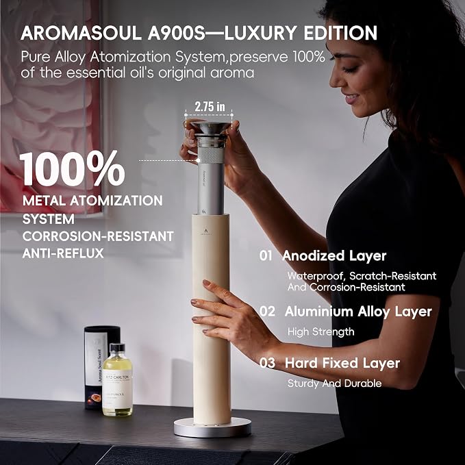 Wireless Rechargeable Hotel Scent Diffuser Kit - 1500 Sq Ft Coverage, Alloy Atomization System,App Control,Waterless Oil Diffuser, Including 6×15ml Essential Oils, for Home,Large Room,Spa, Cream