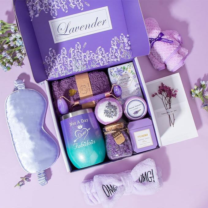 Mothers Day Gifts for Mom Birthday Gifts for Women Gift Basket for Her Women Purple Lavender Relaxing Gift Set Self Care Package Unique Female Gift Ideas for Mother Female Friendship
