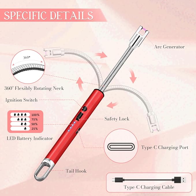 Electric Lighter, Candle Lighter Flameless Windproof with 360° Flexible Neck & LED Power Display, Type C Arc Rechargeable Lighters for BBQ, Camping, Cooking, Gift for Christmas, Thanksgiving, Birthday