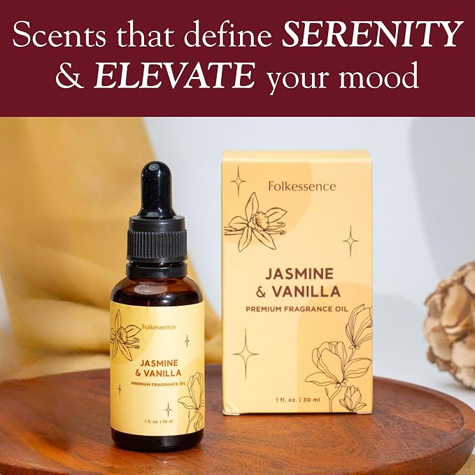 Folkulture Jasmine & Vanilla Essential Oil Blend | 30 ml - 1.01 Fl Oz Fragrance Oil | Premium Diffuser Oils for Humidifier, Diffuser for Relaxation, Calmness, Home Fragrance & House Warming Gifts