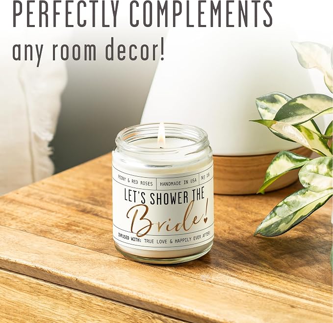 Bridal Shower Gifts, Bride Gifts for Bride to Be - 'Let's Shower the Bride' Soy Wedding Candle, w/Peony Wedding Bouquet - infused w/Essential Oils I Bachelorette Gifts for Bride I 50Hr Burn, USA Made